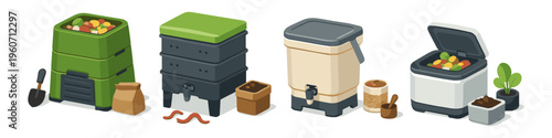 Various composting systems and gardening tools displayed in an isometric illustration