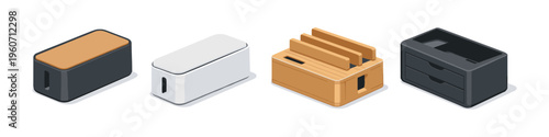 Collection of modern cable management boxes and desk organizers in isometric view