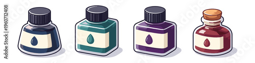Collection of colorful ink bottles with labels and drops, isolated on white background