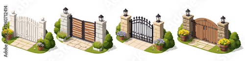 Collection of four distinct decorative gates with stone pillars and landscaping elements