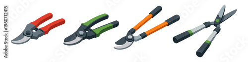 Collection of four different garden pruning shears and cutters