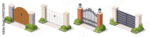 Collection of four distinct gates with stone pillars and landscaping in isometric view