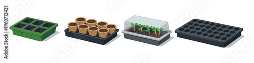 Various seed starting trays and pots for growing plants indoors and outdoors