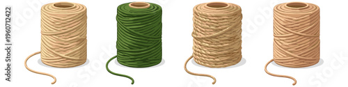 Four spools of twine in natural and green colors for crafting and DIY projects