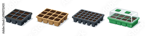 Various seed starting trays filled with soil, ready for planting
