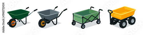 Collection of various garden carts and wheelbarrows in isometric view