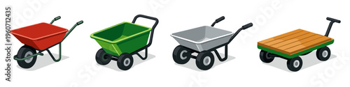 Collection of four different types of wheelbarrows and carts for garden work