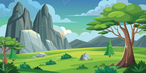 A flat vector illustration of a mountain range silhouette during a vibrant orange sunset scene