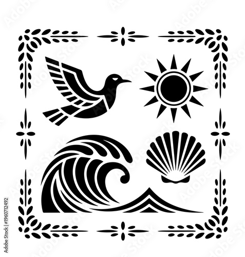 Groovy Summer Icons in Boho Style. Vector Abstract Beach Illustrations in Naive Art.