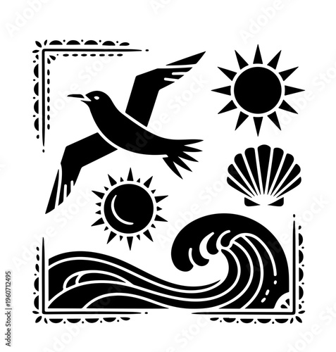 Groovy Summer Icons in Boho Style. Vector Abstract Beach Illustrations in Naive Art.