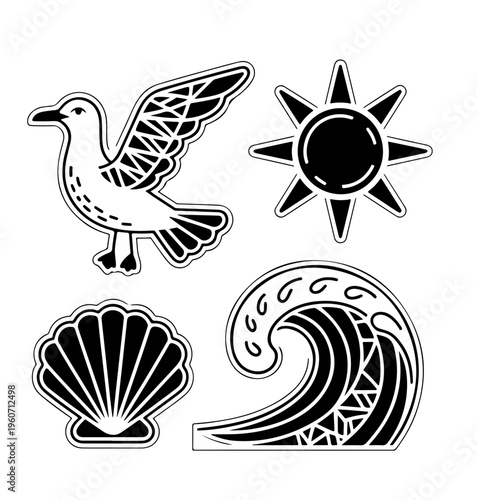 Groovy Summer Icons in Boho Style. Vector Abstract Beach Illustrations in Naive Art.