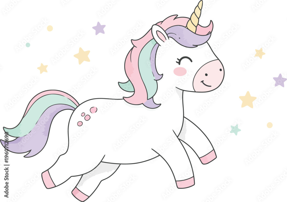 Fototapeta premium Colorful illustration of a smiling unicorn with pastel mane and tail