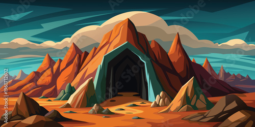 A serene digital illustration of majestic mountain peaks silhouetted against a warm sunset sky