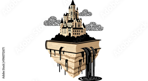 Fantasy castle medieval architecture floating island surreal landscape vector illustration