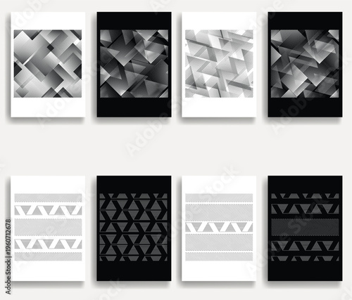 Geometric vector posters set with lines- modern geometric circles, semicircles , triangles pattern created with thick and bold dynamic lines for design. Shapes for posters and branding.
