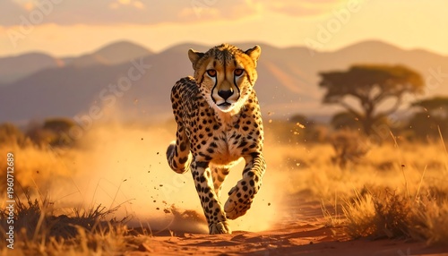 A cheetah runs through a savannah at sunset