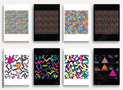 Geometric vector posters set with lines- modern geometric circles, semicircles , triangles pattern created with thick and bold dynamic lines for design. Shapes for posters and branding.
