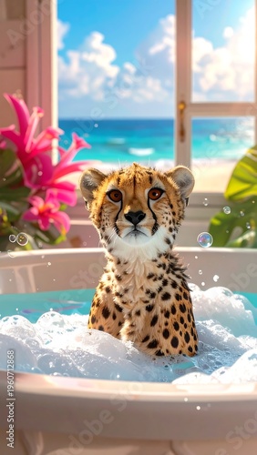 A cheetah sits in a bathtub filled with bubbles