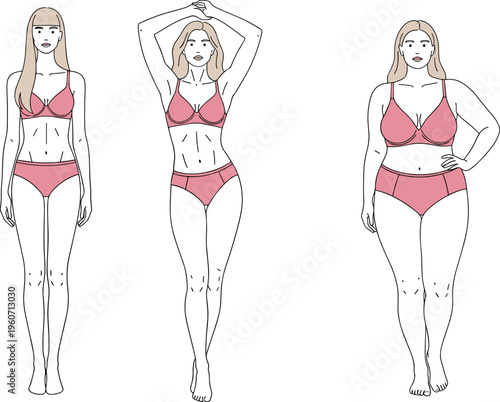 Female body types illustration, slim fit and plus size women in underwear, diverse shapes, body positivity, fashion vector, comparison concept