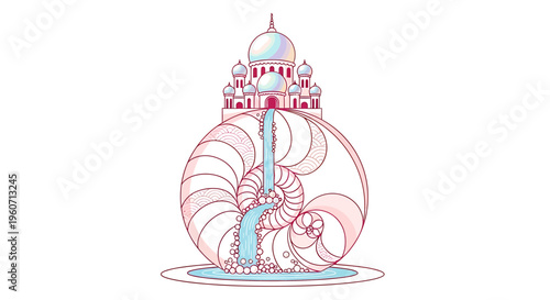 Islamic Architecture, Nautilus Shell, Mosque Design, Pink Blue Vector Illustration