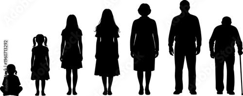 Human life stages silhouettes, aging process from child to elderly, isolated figures, generational growth concept, people lifecycle vector illustration design