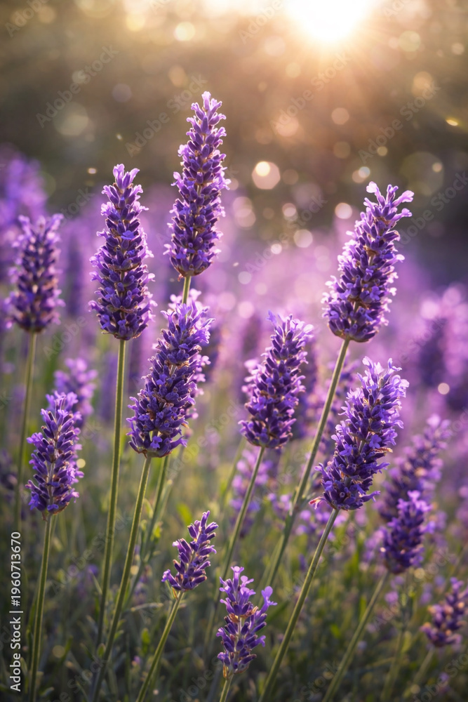 Obraz premium Close-up of blooming lavender flowers in a sunlit field with soft bokeh background. Natural floral landscape, aromatherapy concept, summer mood, copy space.