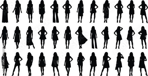 Black female silhouettes collection, fashion poses vector illustration, stylish women clothing design, modern attire icons, apparel figures artwork, trendy outfit grid showcase