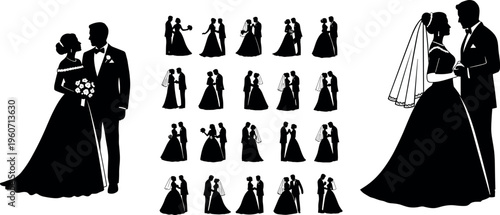 Bride and groom silhouette icons vector illustration with black design, wedding couple symbol artwork, romantic celebration concept element