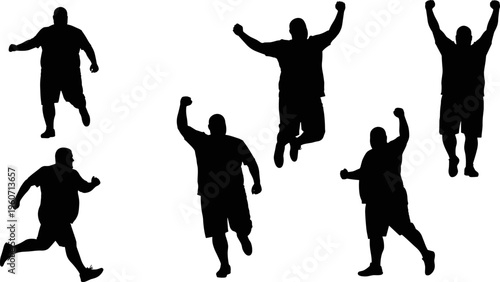 Silhouette of overweight man running and celebrating fitness success isolated on white background weight loss motivation transformation active lifestyle concept