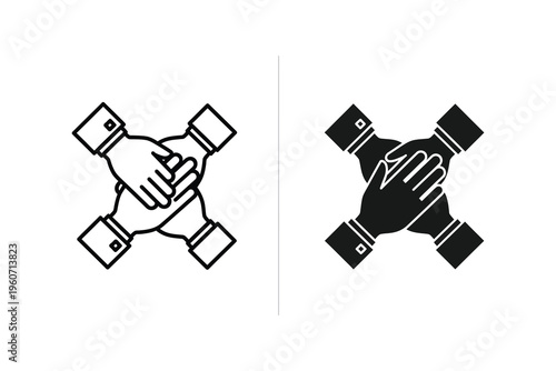 Handshake Icons: Four Hands Joining in Partnership, Outline and Solid Styles