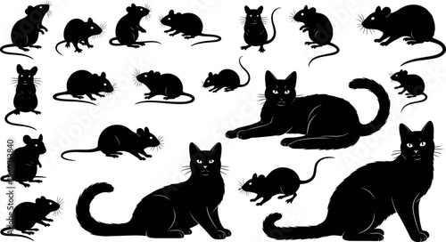 Cats and mice silhouettes vector illustration with predator prey theme, black artwork symbolizing contrast, nature, and animal interaction motifs