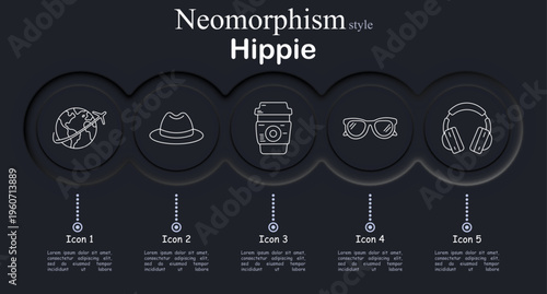 Hippie set icon. Neomorphic dark interface circles with line symbols of globe airplane route, wide brim hat, takeaway coffee cup, sunglasses, headphones