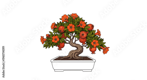 Bonsai tree, potted plant, orange flowers, green leaves, vector illustration