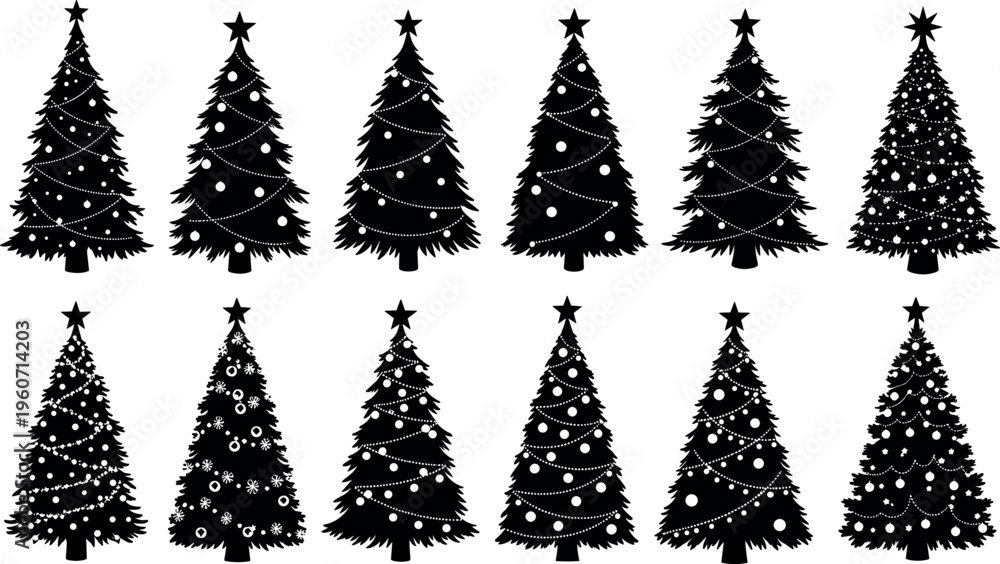 Fototapeta premium Black silhouette vector illustration of decorated Christmas trees with stars and ornaments, festive holiday symbolizing celebration, winter presence concept