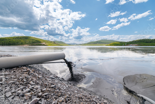Foto Pipeline discharging slurry onto mining industry sludge ponds of Copper, iron or