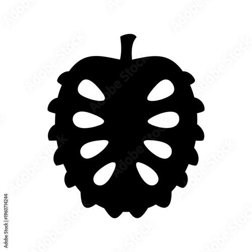 Silhouette depiction of a soursop fruit with visible inner structure and stem