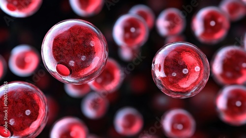 Red spheres float in a dark background