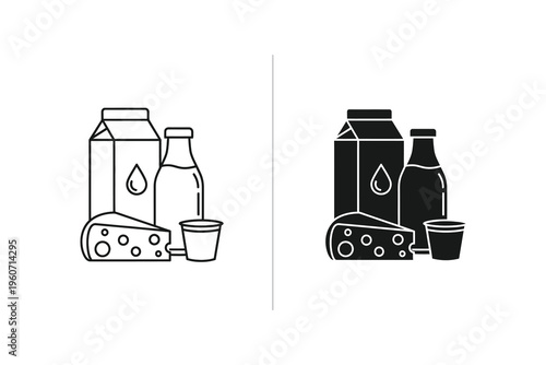 Dairy products icon set with milk carton, bottle, cheese, and cup, fresh food illustration