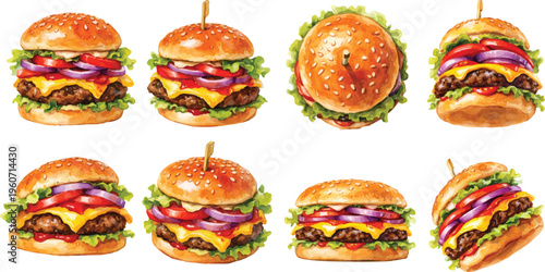 Watercolor cheeseburger set, eight juicy beef burgers with fresh toppings illustration isolated on white background