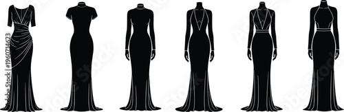 Elegant evening gown silhouettes collection, fashion vector illustration, formal dress artwork, stylish clothing design icons showcase