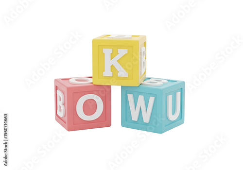 Colorful wooden alphabet blocks spelling KOWU isolated on transparent background