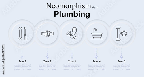 Plumbing set icon. Wrench and screwdriver tools, pipeline valve connector, plumber worker with plunger, bathroom bathtub shower, pipe system section. Neomorphic circular buttons