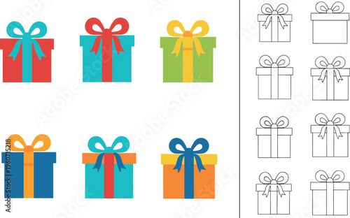 Gift boxes puzzle vector illustration with colorful designs and outlines, creative artwork symbolizing matching, pattern recognition, and educational themes