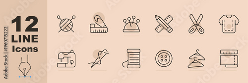 Sewing craft set icon. Line icons with yarn ball, measuring tape, pincushion, crossed rulers, scissors, t-shirt, sewing machine, needle with thread, thread spool, button, hanger
