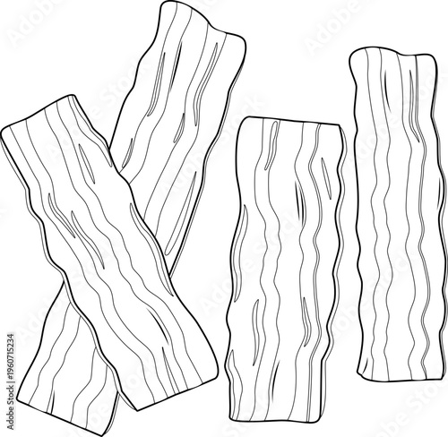 Slices of fried crispy bacon. Fried bacon rashers. Strips of bacon for breakfast. Barbecue grilled meat. Vector clack and white coloring page