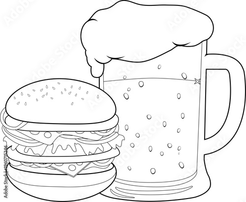 Hamburger and cold beer. Glass of drink and burger for barbecue party. Restaurant food for dinner at the pub. Vector clack and white coloring page
