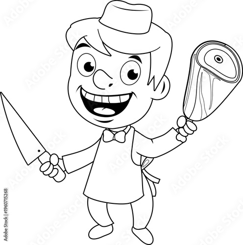 Butcher with a knife and a piece of meat. Cartoon butchery market shop worker with cutting tools for meat. Vector clack and white coloring page