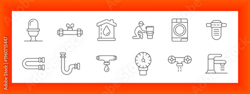 Minimal plumbing and water system line icons set with pipes, toilet, faucet, washing machine and repair elements