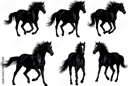 Horse silhouette icons vector illustration with black design, running equine symbol artwork, dynamic motion concept element