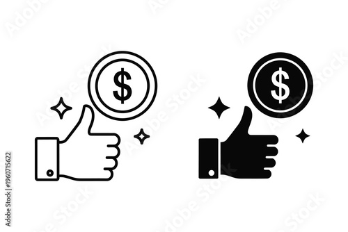 Thumbs up icon with dollar coin, positive financial feedback symbol